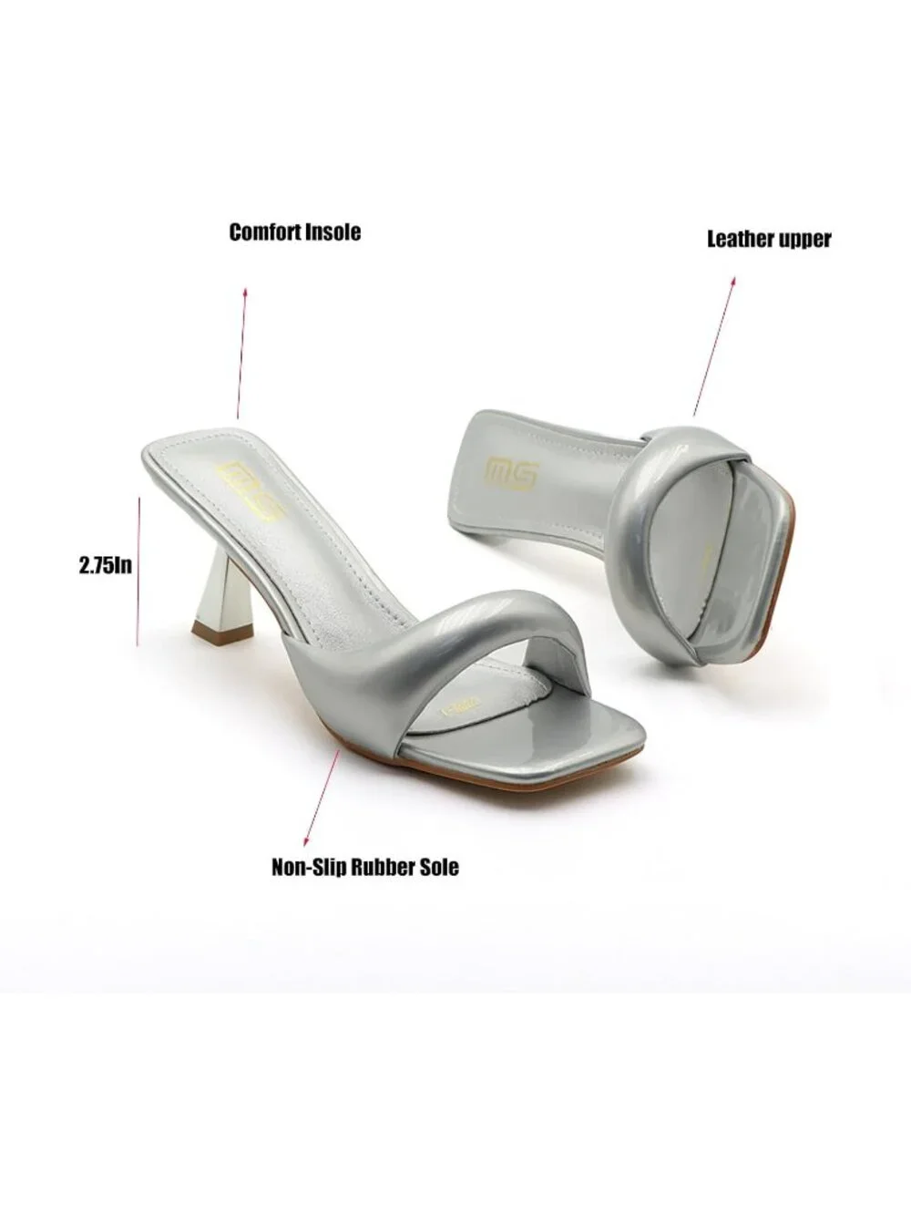Women's Silver Leather One Band Square Open Toe Fashion Backless Heel Sandals